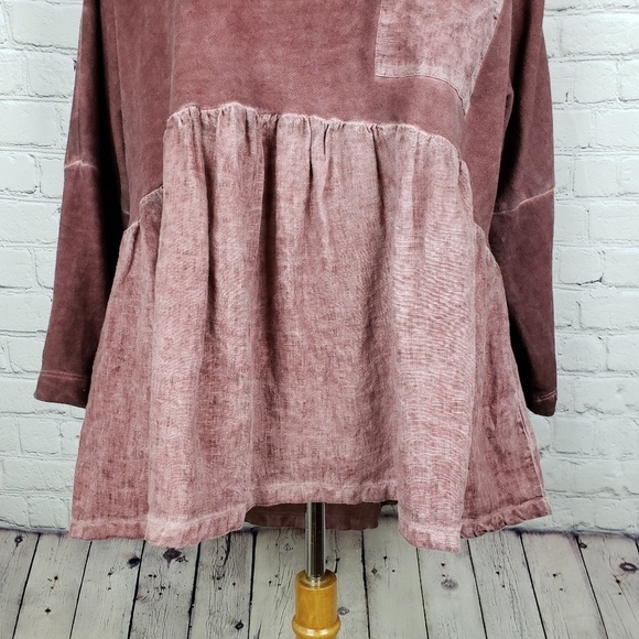 Anthropologie Postmark Linen & French Terry Top S Baby Doll Mixed Media Hi Low - Picture 2 of 9